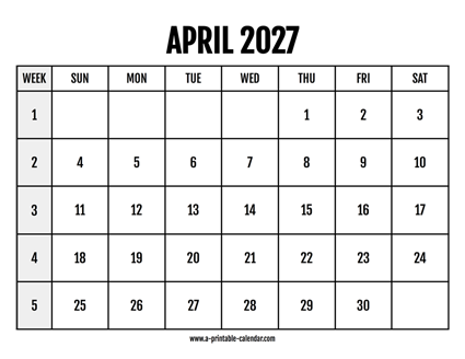 Calendar 2027 April
