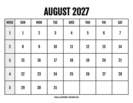 Calendar 2027 August