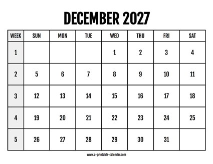 Calendar 2027 December