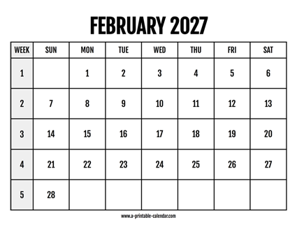 Calendar 2027 February