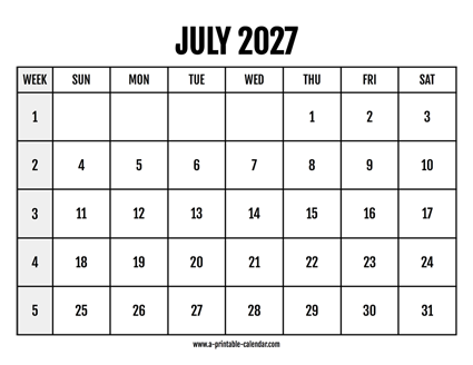 Calendar 2027 July