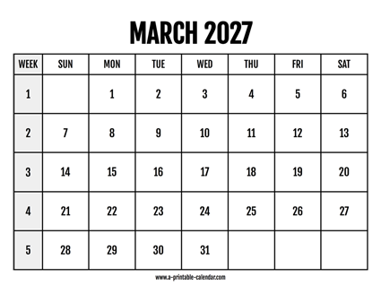 Calendar 2027 March