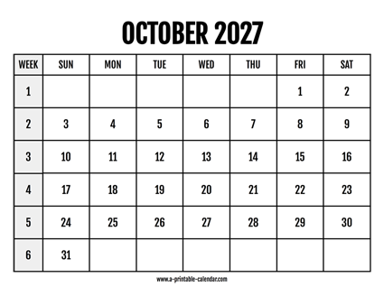 Calendar 2027 October