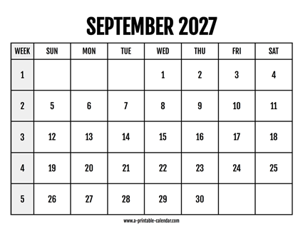 Calendar 2027 September