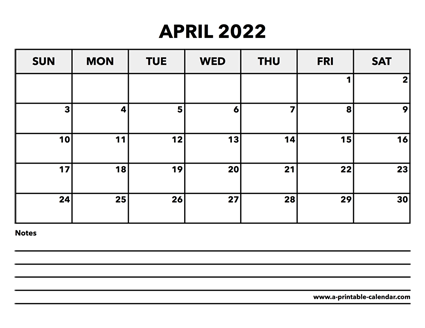 Calendar April 2022