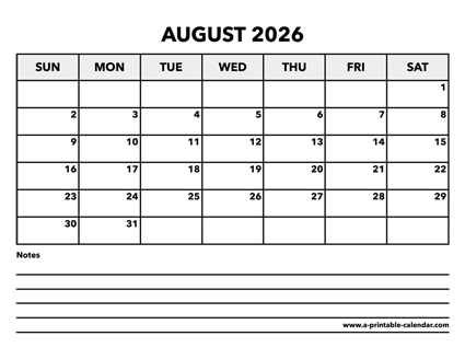 Calendar August 2026