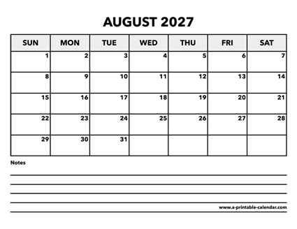 Calendar August 2027
