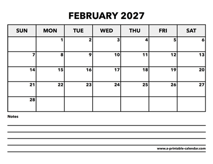 Calendar February 2027