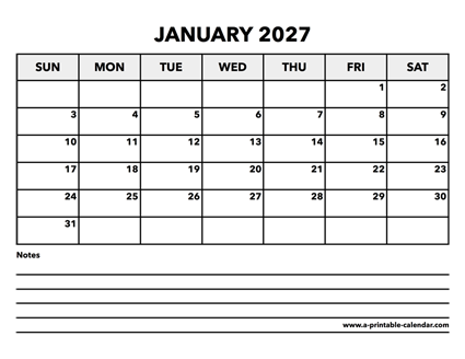 Calendar January 2027