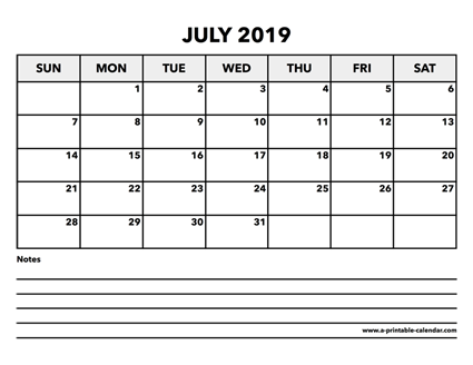Calendar July 2019