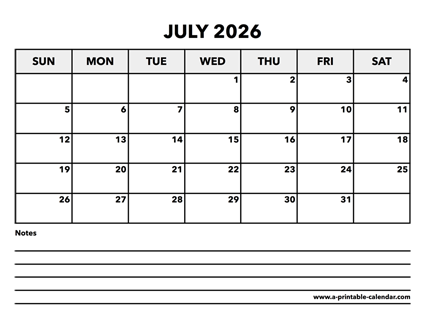 Calendar July 2026