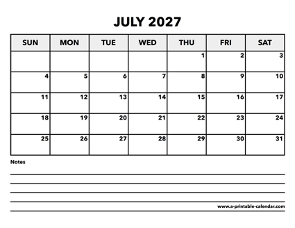 Calendar July 2027
