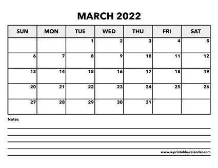 Calendar March 2022