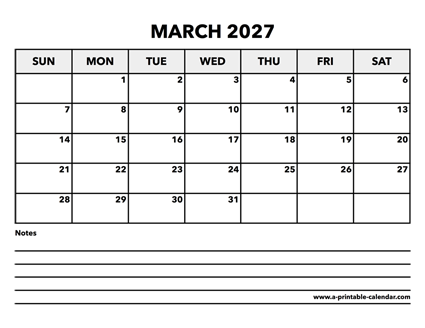 Calendar March 2027