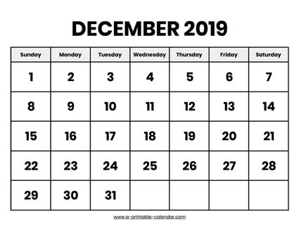 December 2019 Calendar Printable