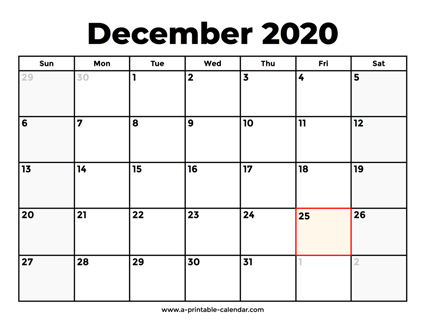 December 2020 Calendar With Holidays