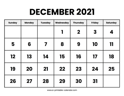 December 2021 Calendar Printable