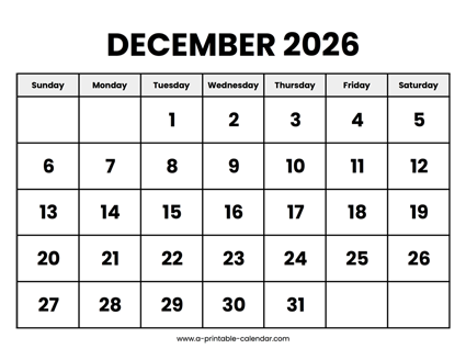 December 2026 Calendar Printable