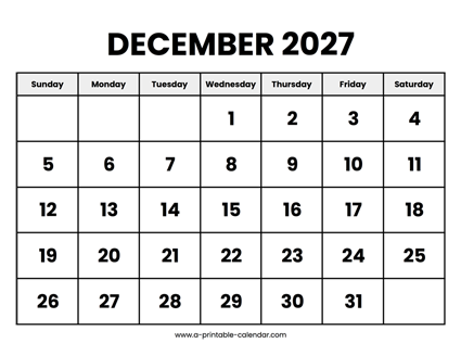 December 2027 Calendar Printable