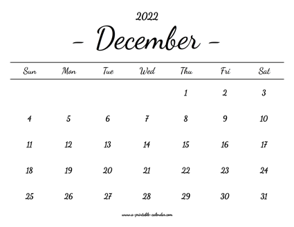 December Calendar 2022 Printable