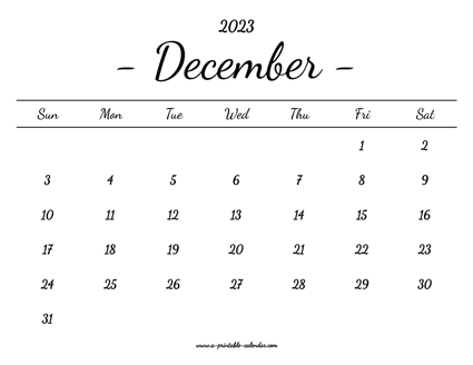 December Calendar 2023 Printable