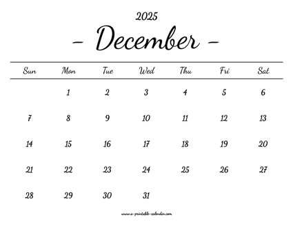 December Calendar 2025 Printable