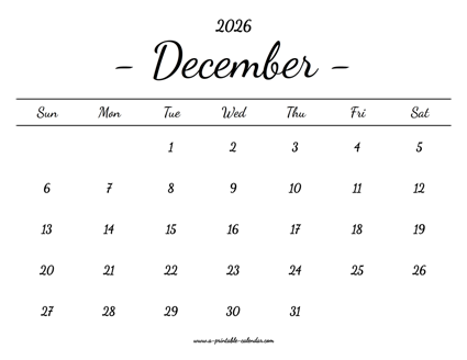 December Calendar 2026 Printable