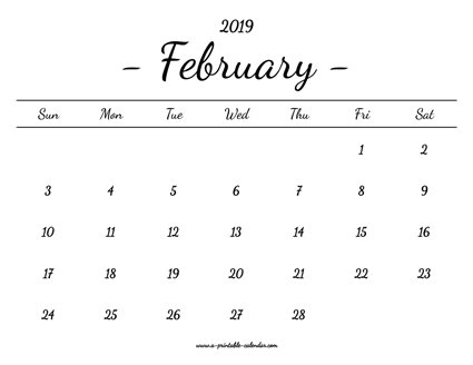 February Calendar 2019 Printable