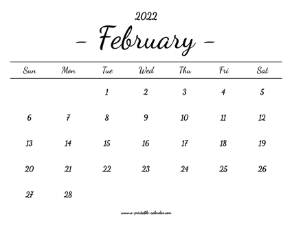 February Calendar 2022 Printable