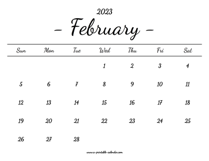 February Calendar 2023 Printable