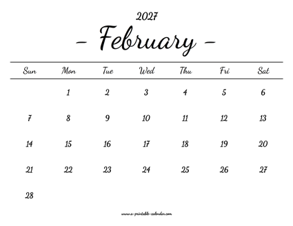 February Calendar 2027 Printable