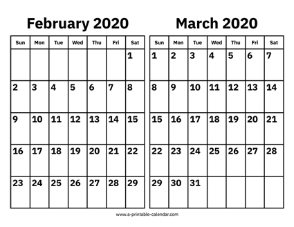 February And March 2020 Calendar Printable Calendar 2020 picture about February Printable Calendar titled February And March 2020 Calendar Printable Calendar 2020
