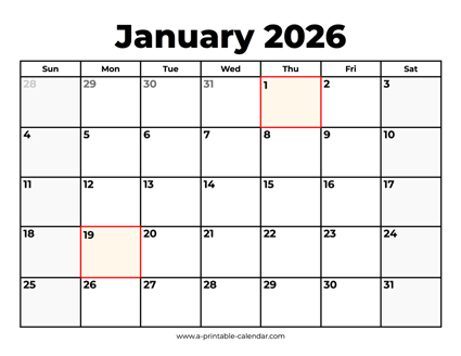 January 2026 Calendar With Holidays