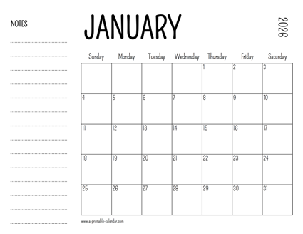 January 2026 Printable Calendar
