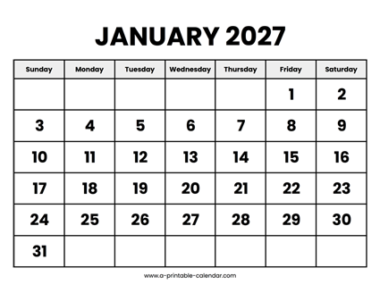 January 2027 Calendar Printable
