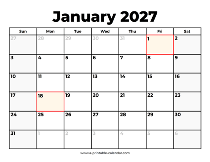January 2027 Calendar With Holidays