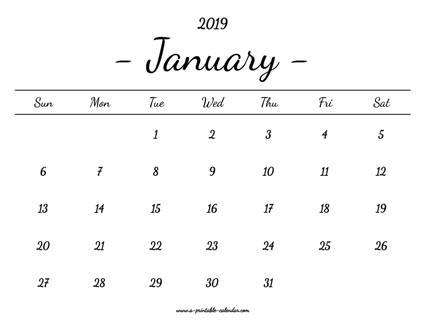 January Calendar 2019 Printable