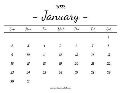 January Calendar 2022 Printable
