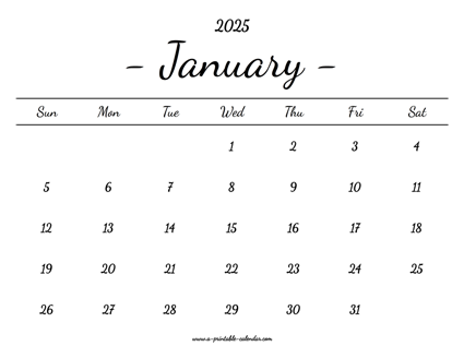 January Calendar 2025 Printable