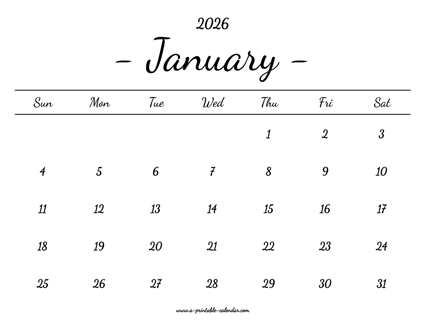 January Calendar 2026 Printable