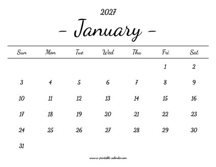 January Calendar 2027 Printable