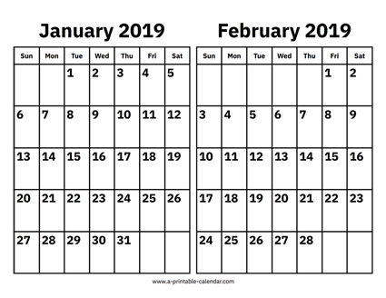 January and February 2019 Calendar