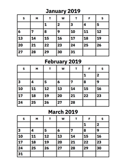 January, February and March 2019 Calendar