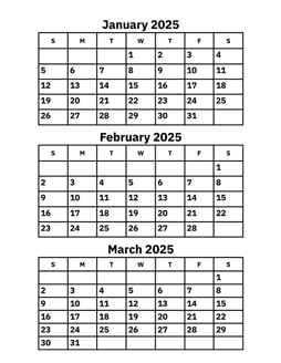 January, February and March 2025 Calendar