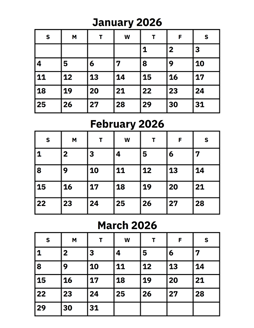January, February and March 2026 Calendar
