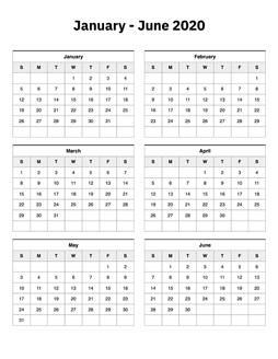 January to June 2020 Calendar