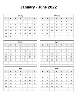 January to June 2022 Calendar
