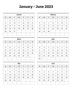 January to June 2023 Calendar