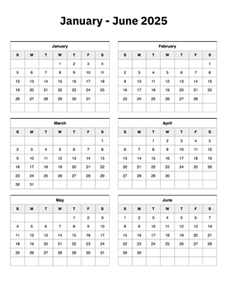 January to June 2025 Calendar