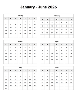January to June 2026 Calendar